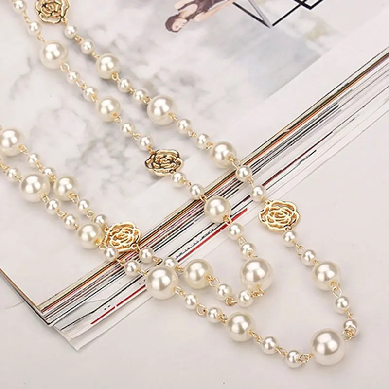 Famous Camellia Pearl Long Necklace For Women Double Layer collane lunghe donna Rose Flower Sweater chain Necklace