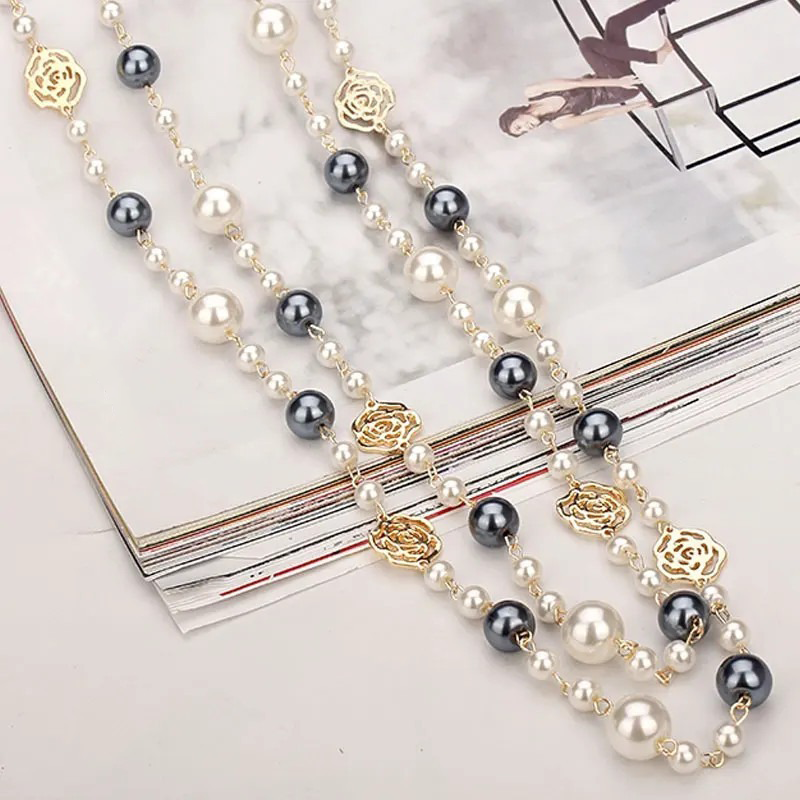 Famous Camellia Pearl Long Necklace For Women Double Layer collane lunghe donna Rose Flower Sweater chain Necklace