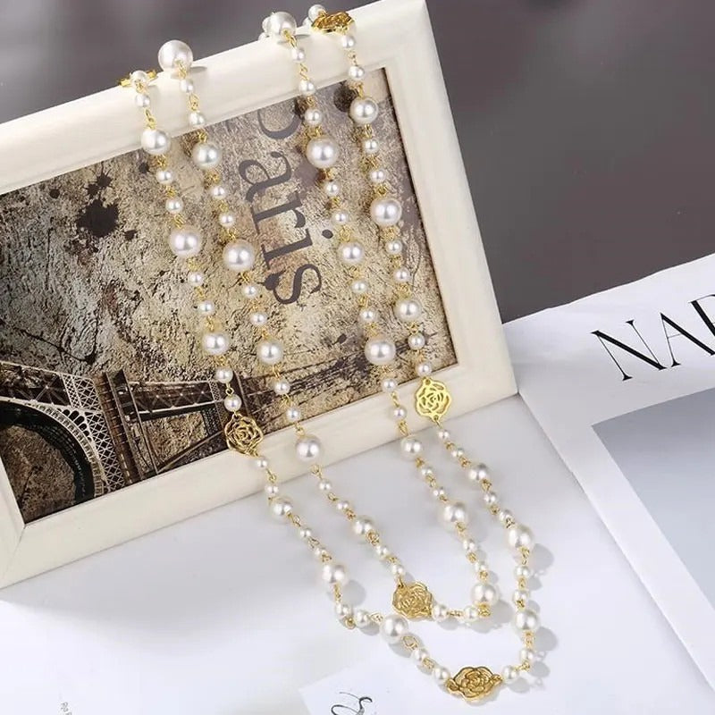 Famous Camellia Pearl Long Necklace For Women Double Layer collane lunghe donna Rose Flower Sweater chain Necklace