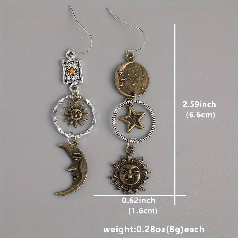 Creative Retro Asymmetrical Antique Copper Star and Moon Pendant Earrings