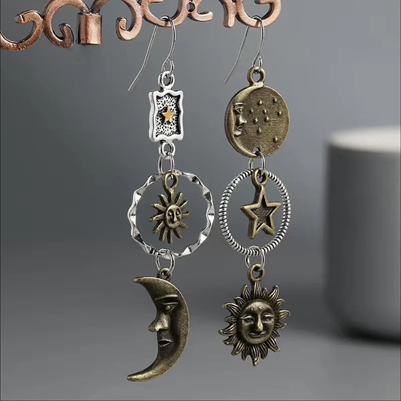 Creative Retro Asymmetrical Antique Copper Star and Moon Pendant Earrings