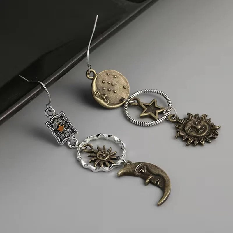 Creative Retro Asymmetrical Antique Copper Star and Moon Pendant Earrings
