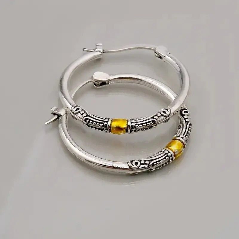 Vintage Silver Carved Pattern Hoop Earrings