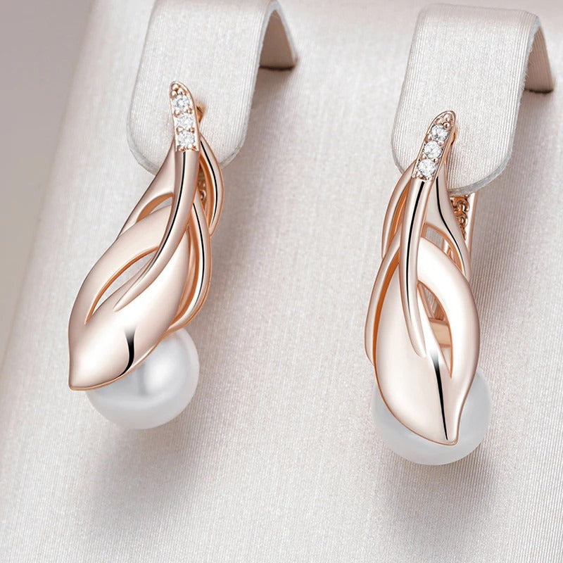 Kinel Fashion Pearl Leaf Drop Earrings 585 Rose Gold Color With Natural Zircon