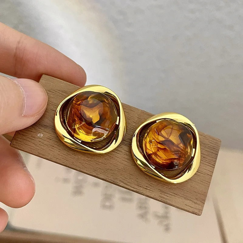 Vintage Fall & Winter Brown Earrings with Amber Resin Stone Crystal Caramel Color Women's Earrings Elegant Jewelry Maillard