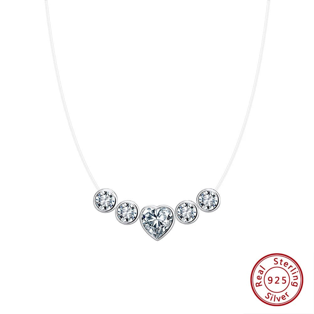 LIORA JEWELS Luxury Bling 8A Heart Zircon Necklace 925 Silver Invisible Transparent Fishing Line Choker Necklaces Pendant LZN30