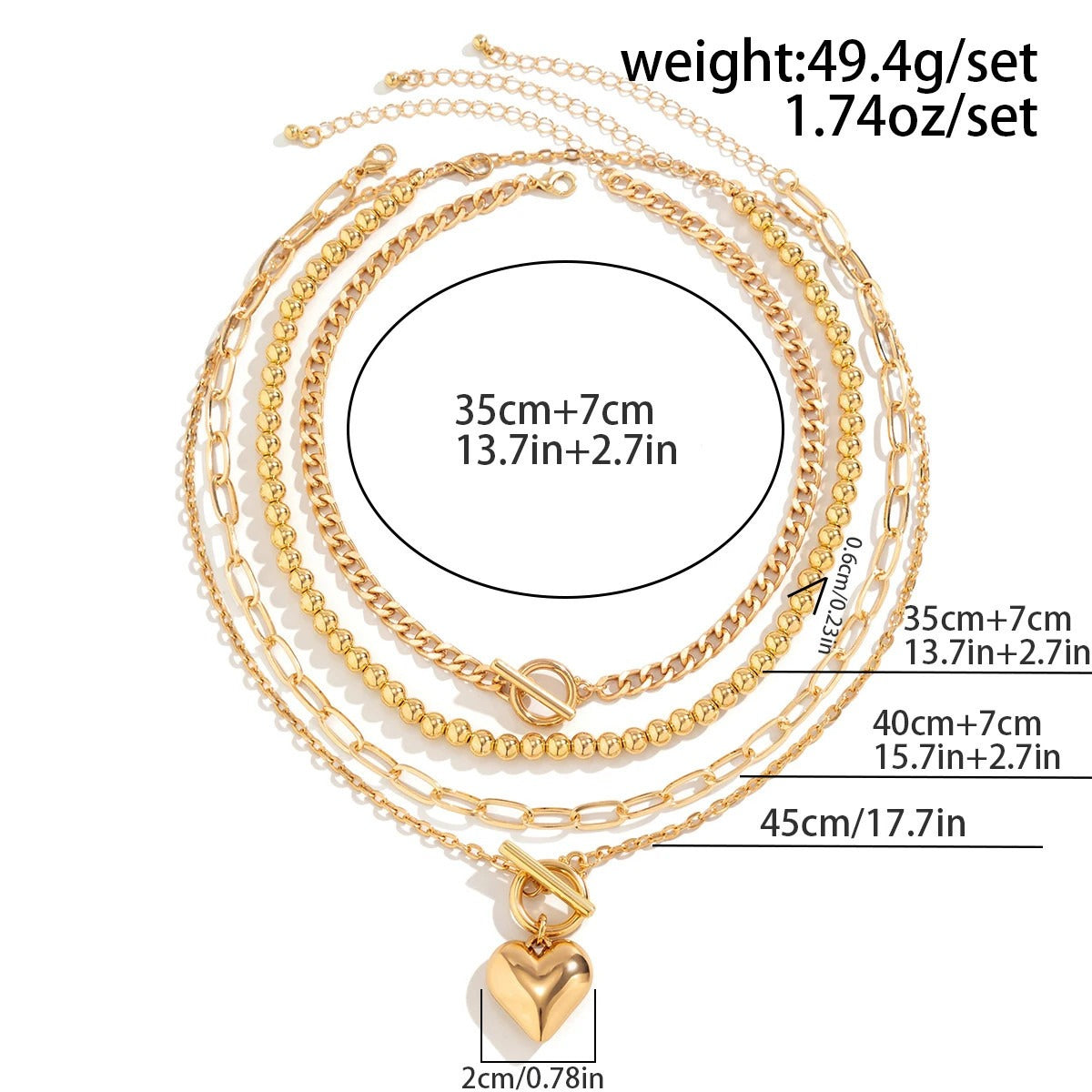 4Pcs/Set Punk Gold Color Heart Pendant Necklace Trendy OT Buckle Beaded Neck Chain