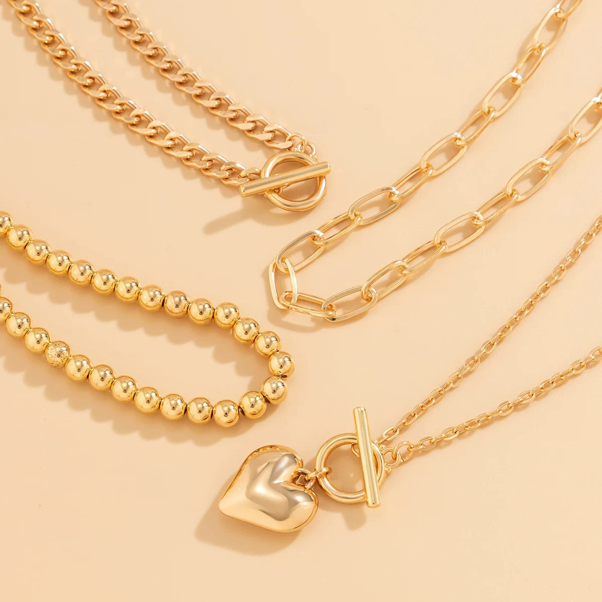4Pcs/Set Punk Gold Color Heart Pendant Necklace Trendy OT Buckle Beaded Neck Chain