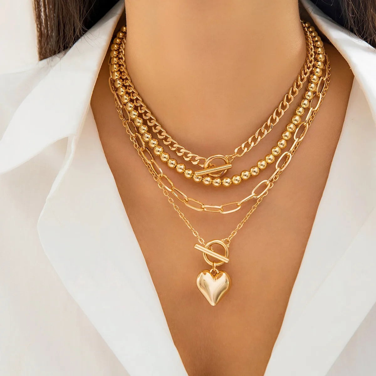 4Pcs/Set Punk Gold Color Heart Pendant Necklace Trendy OT Buckle Beaded Neck Chain