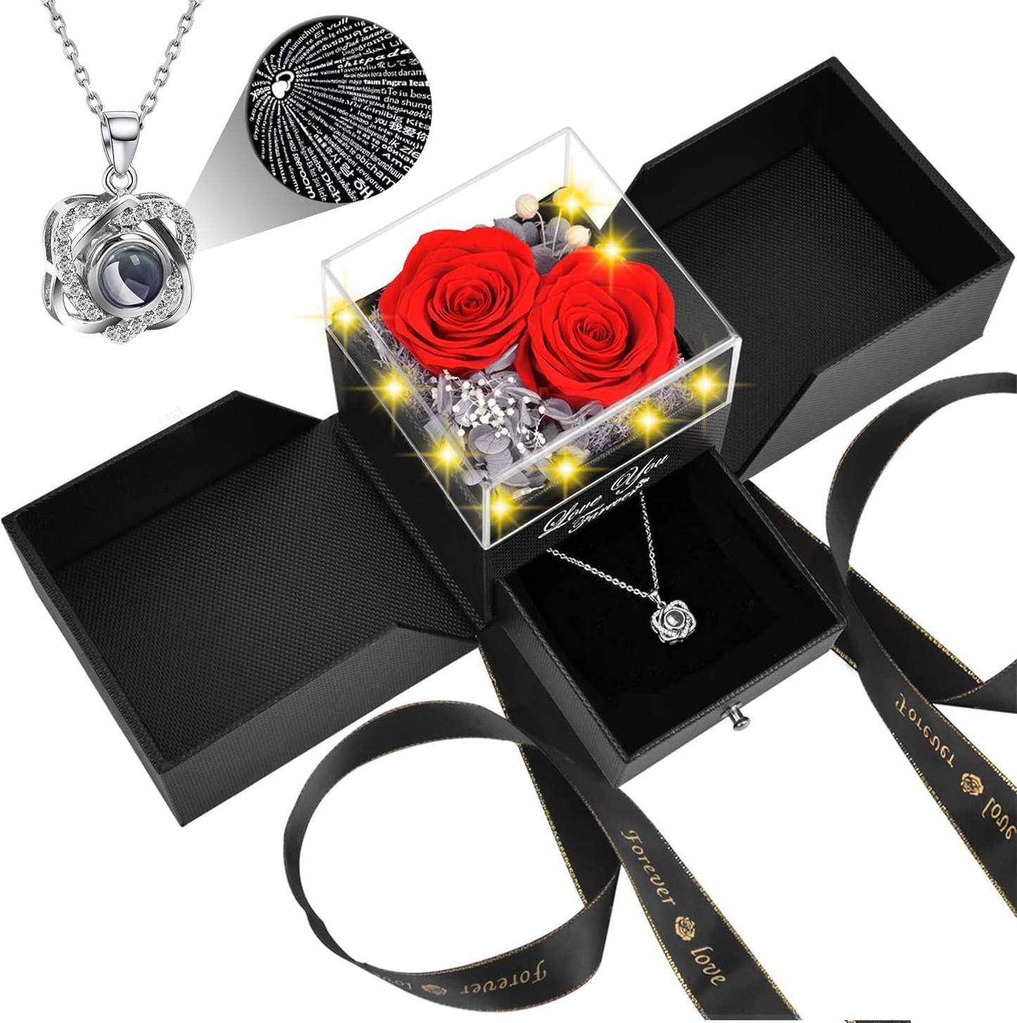 Preserved Red Real Rose with Heart I Love You Necklace