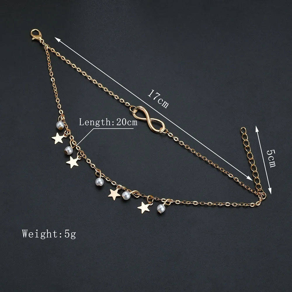 Simple Tassel Double Star Pearl 8 Word Female Anklet Barefoot Crochet Sandals Foot Jewelry New Ankle Bracelet Female Leg Chain