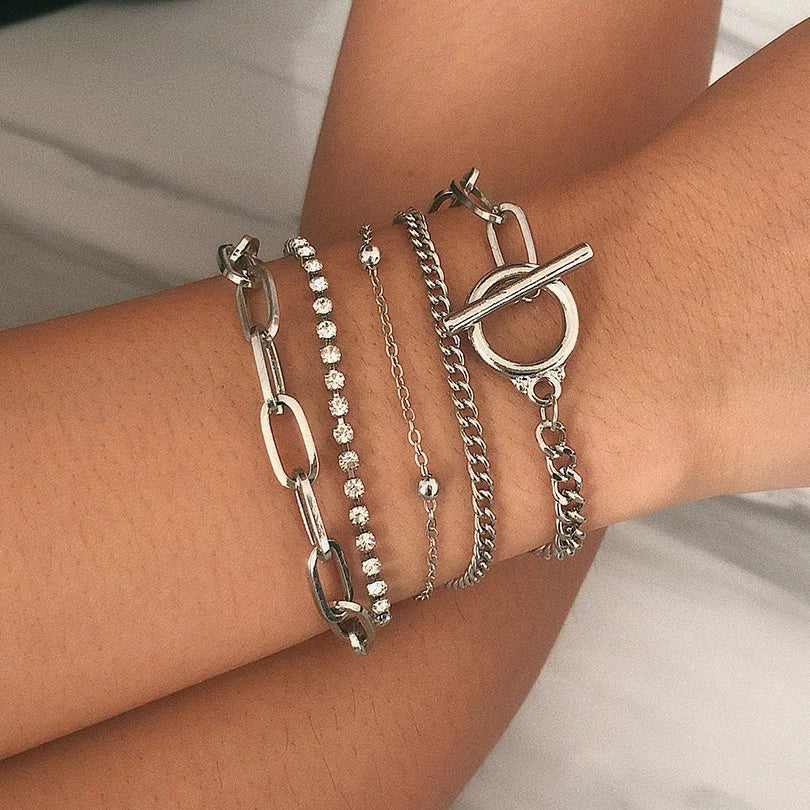 Punk Curb Cuban Chain Bracelets Set Simple Thick Gold Color Charm