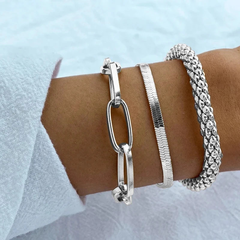 Punk Curb Cuban Chain Bracelets Set Simple Thick Gold Color Charm