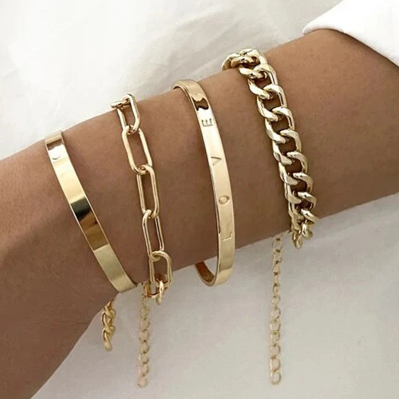 Punk Curb Cuban Chain Bracelets Set Simple Thick Gold Color Charm