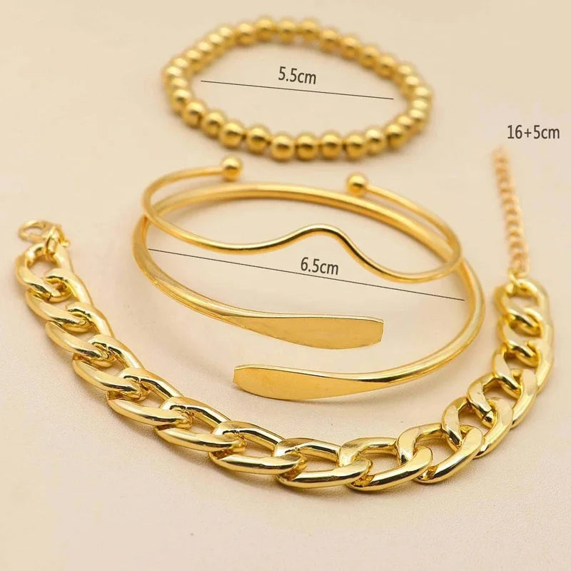 Punk Curb Cuban Chain Bracelets Set Simple Thick Gold Color Charm