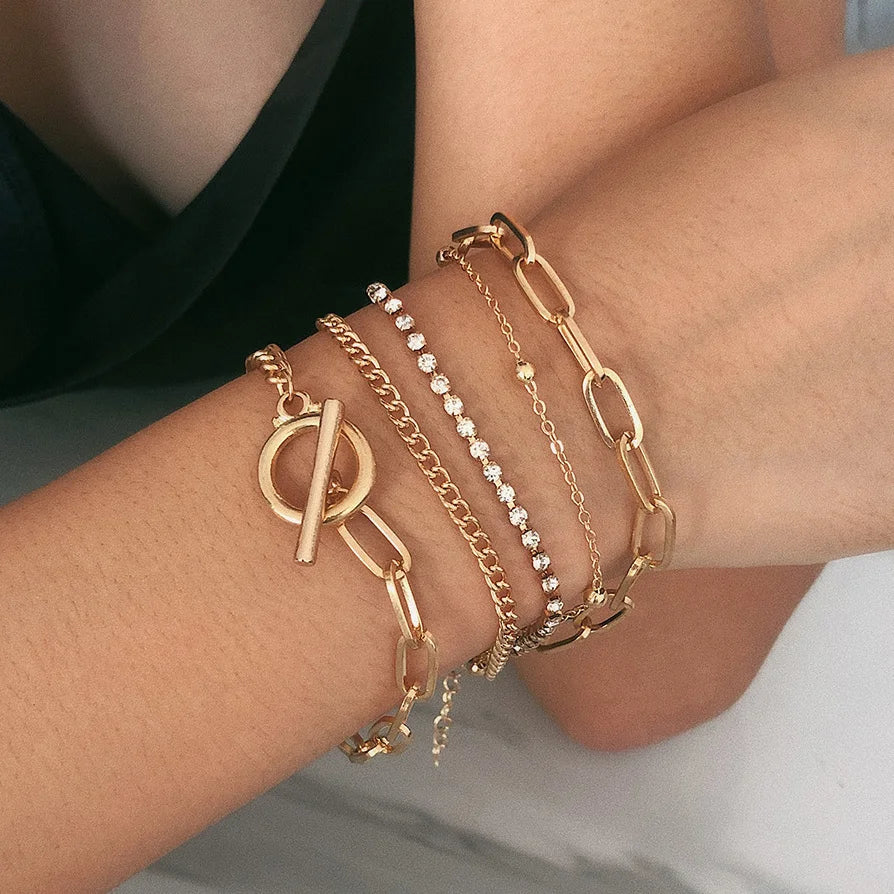Punk Curb Cuban Chain Bracelets Set Simple Thick Gold Color Charm