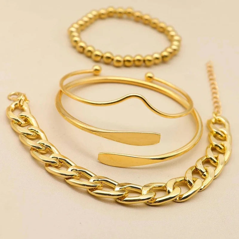 Punk Curb Cuban Chain Bracelets Set Simple Thick Gold Color Charm
