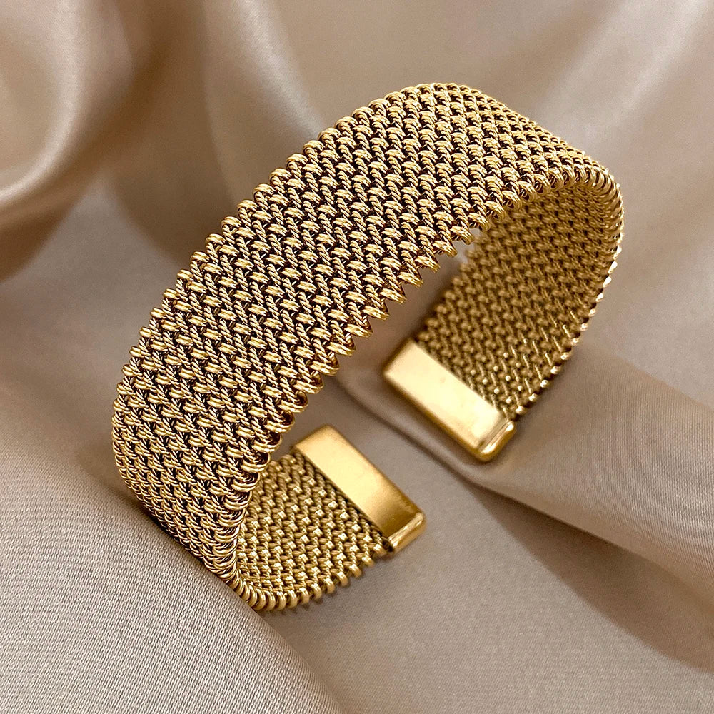 Vintage Stainless Steel Braided Mesh Open Bracelet Classic Cuff Waterproof Jewelry