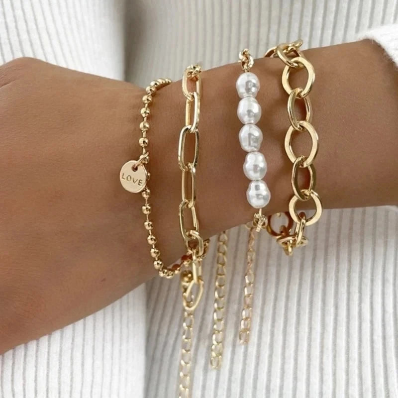 Punk Curb Cuban Chain Bracelets Set Simple Thick Gold Color Charm