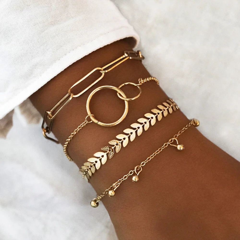 Punk Curb Cuban Chain Bracelets Set Simple Thick Gold Color Charm