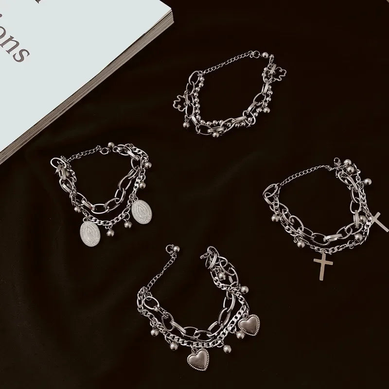 Bohemia Circle Bracelet Set Multi-Layer Vintage Folded Wind Fish Bone Chain Flower Leaves Jewelry Gift