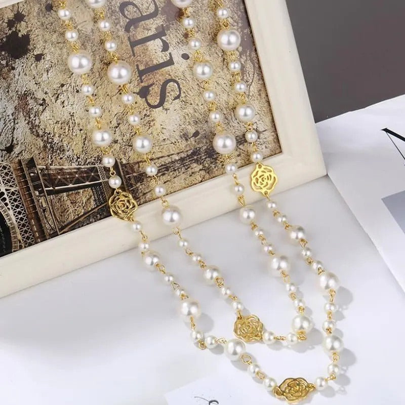 Famous Camellia Pearl Long Necklace For Women Double Layer collane lunghe donna Rose Flower Sweater chain Necklace