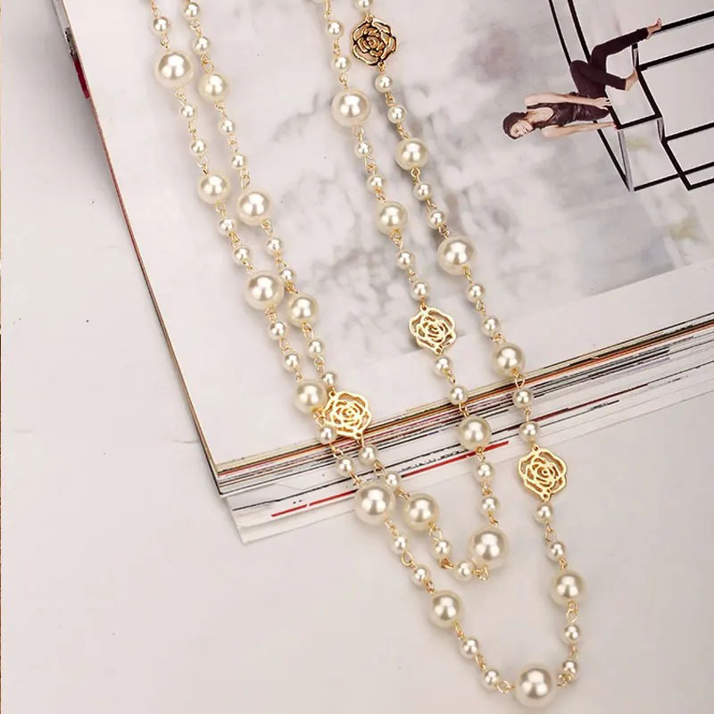 Famous Camellia Pearl Long Necklace For Women Double Layer collane lunghe donna Rose Flower Sweater chain Necklace