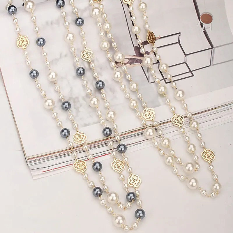Famous Camellia Pearl Long Necklace For Women Double Layer collane lunghe donna Rose Flower Sweater chain Necklace