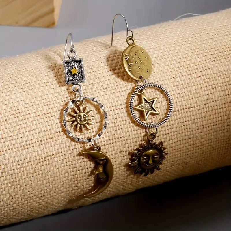 Creative Retro Asymmetrical Antique Copper Star and Moon Pendant Earrings