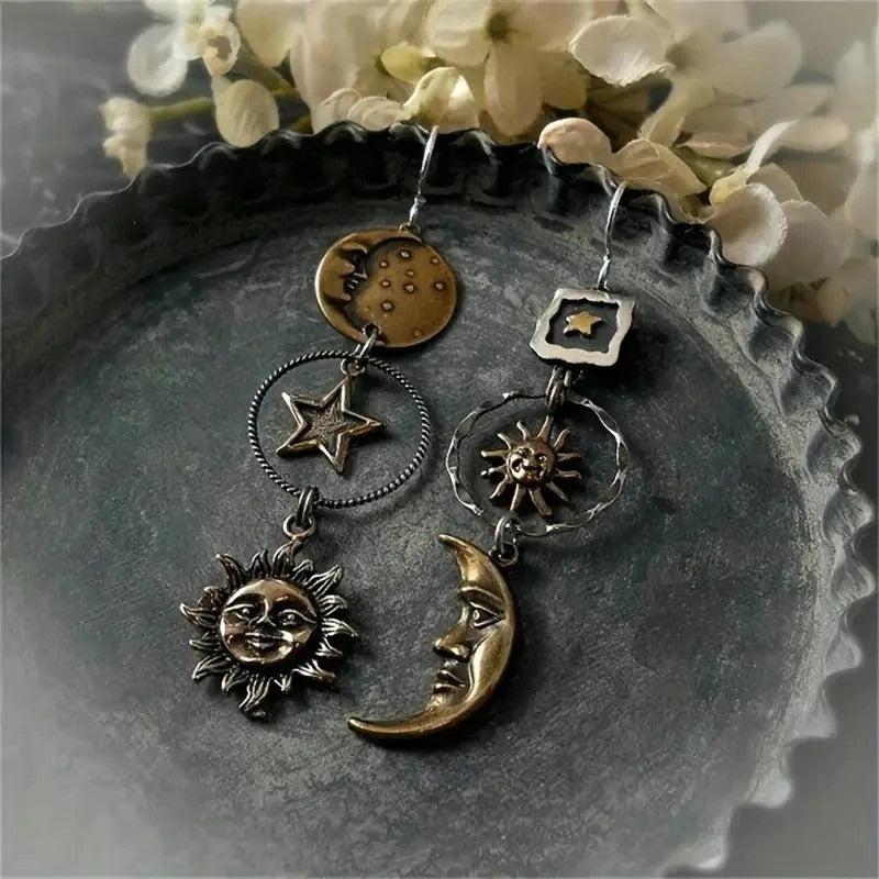 Creative Retro Asymmetrical Antique Copper Star and Moon Pendant Earrings