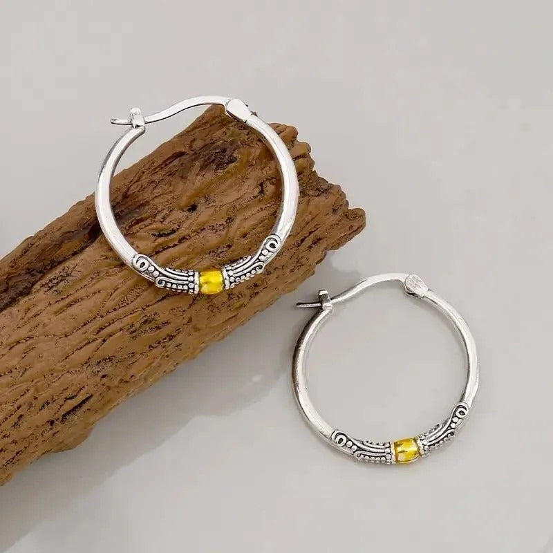 Vintage Silver Carved Pattern Hoop Earrings