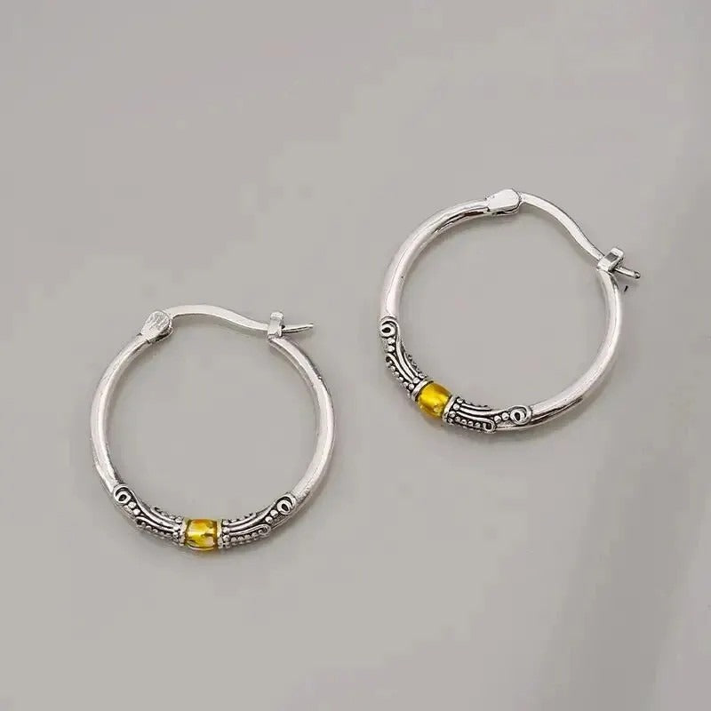 Vintage Silver Carved Pattern Hoop Earrings