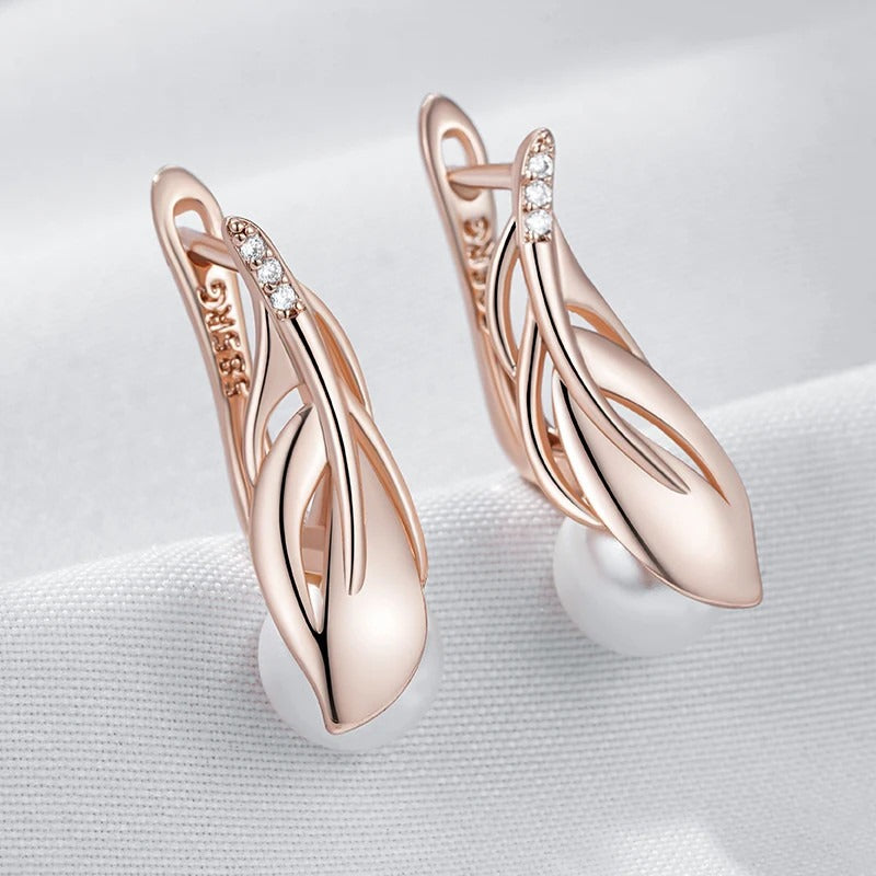Kinel Fashion Pearl Leaf Drop Earrings 585 Rose Gold Color With Natural Zircon
