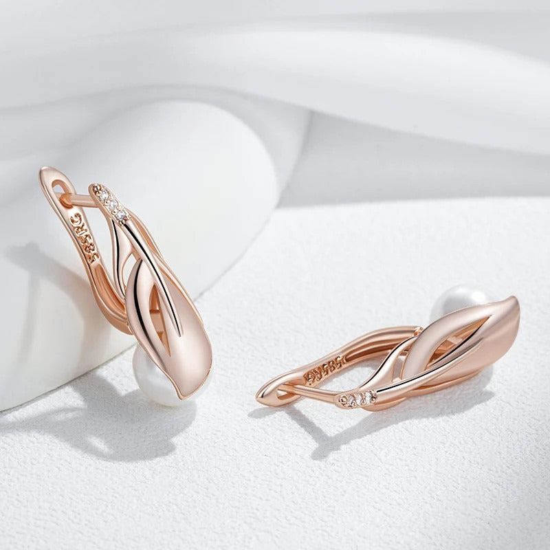 Kinel Fashion Pearl Leaf Drop Earrings 585 Rose Gold Color With Natural Zircon