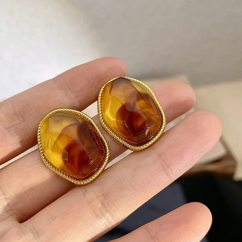 Vintage Fall & Winter Brown Earrings with Amber Resin Stone Crystal Caramel Color Women's Earrings Elegant Jewelry Maillard