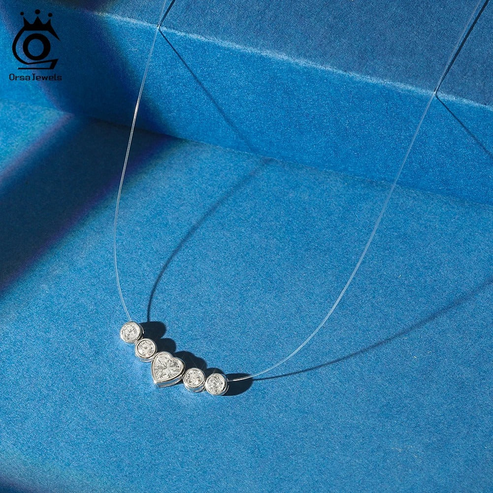 LIORA JEWELS Luxury Bling 8A Heart Zircon Necklace 925 Silver Invisible Transparent Fishing Line Choker Necklaces Pendant LZN30