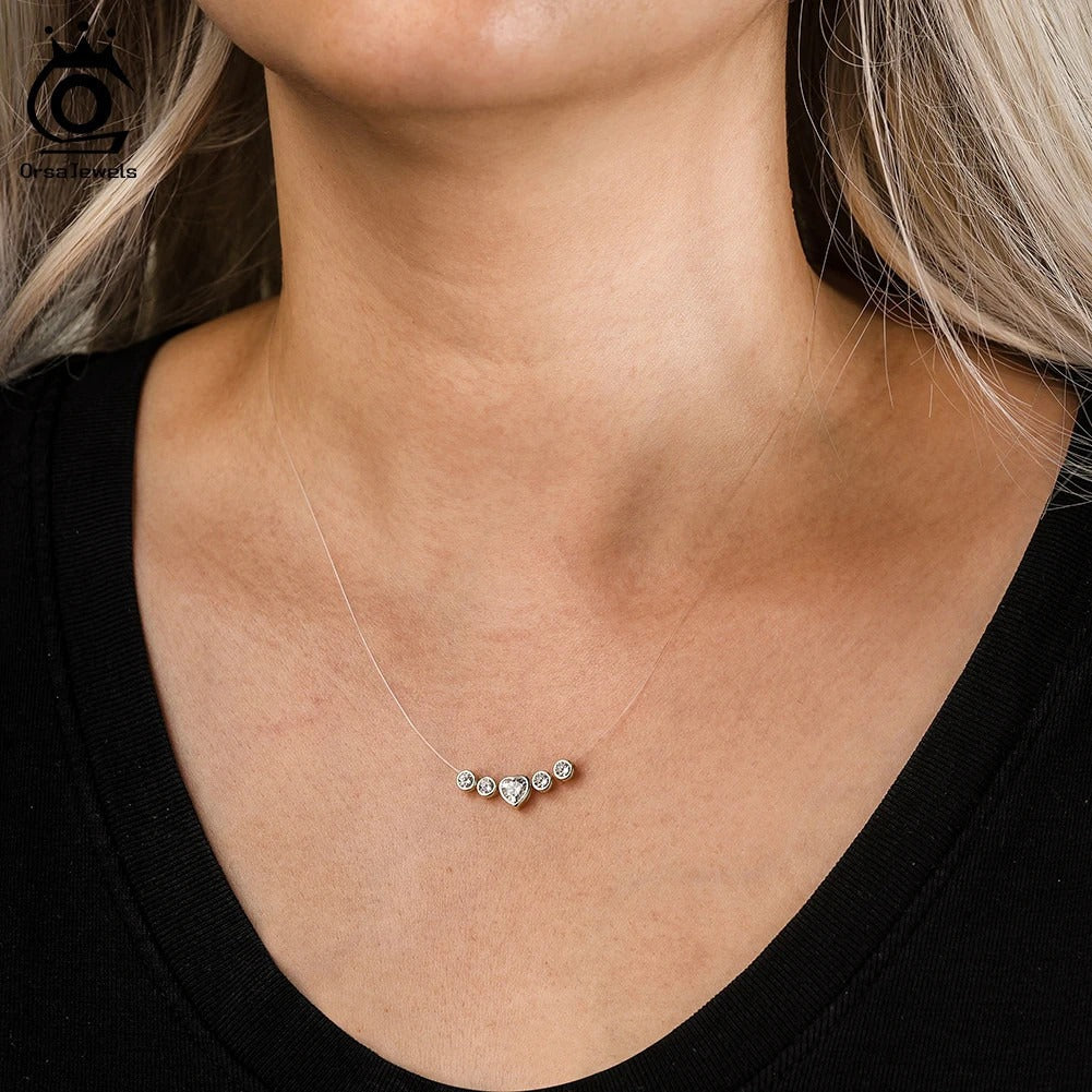 LIORA JEWELS Luxury Bling 8A Heart Zircon Necklace 925 Silver Invisible Transparent Fishing Line Choker Necklaces Pendant LZN30