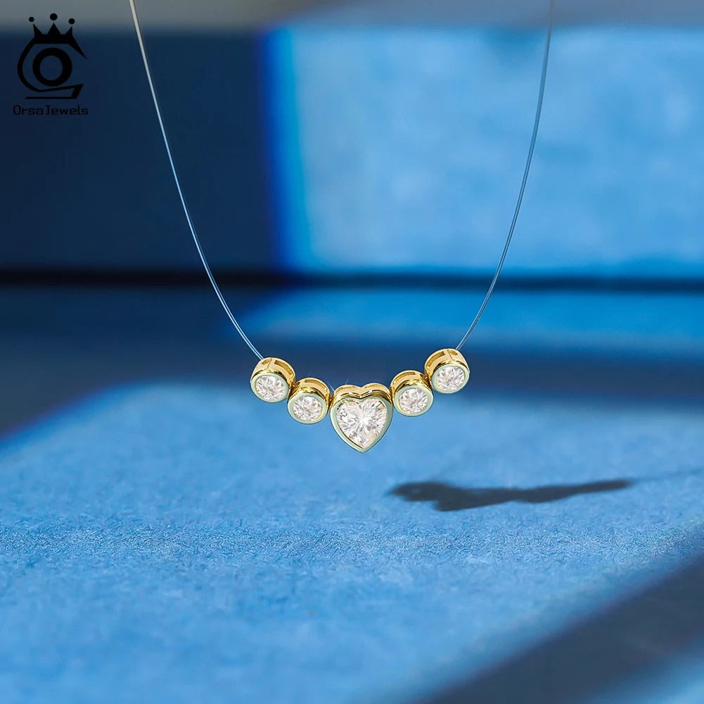 LIORA JEWELS Luxury Bling 8A Heart Zircon Necklace 925 Silver Invisible Transparent Fishing Line Choker Necklaces Pendant LZN30