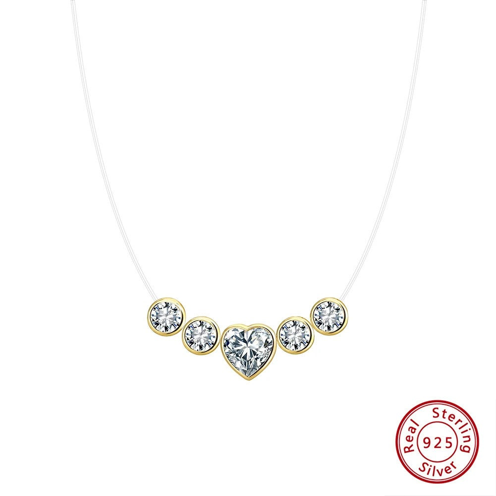 LIORA JEWELS Luxury Bling 8A Heart Zircon Necklace 925 Silver Invisible Transparent Fishing Line Choker Necklaces Pendant LZN30