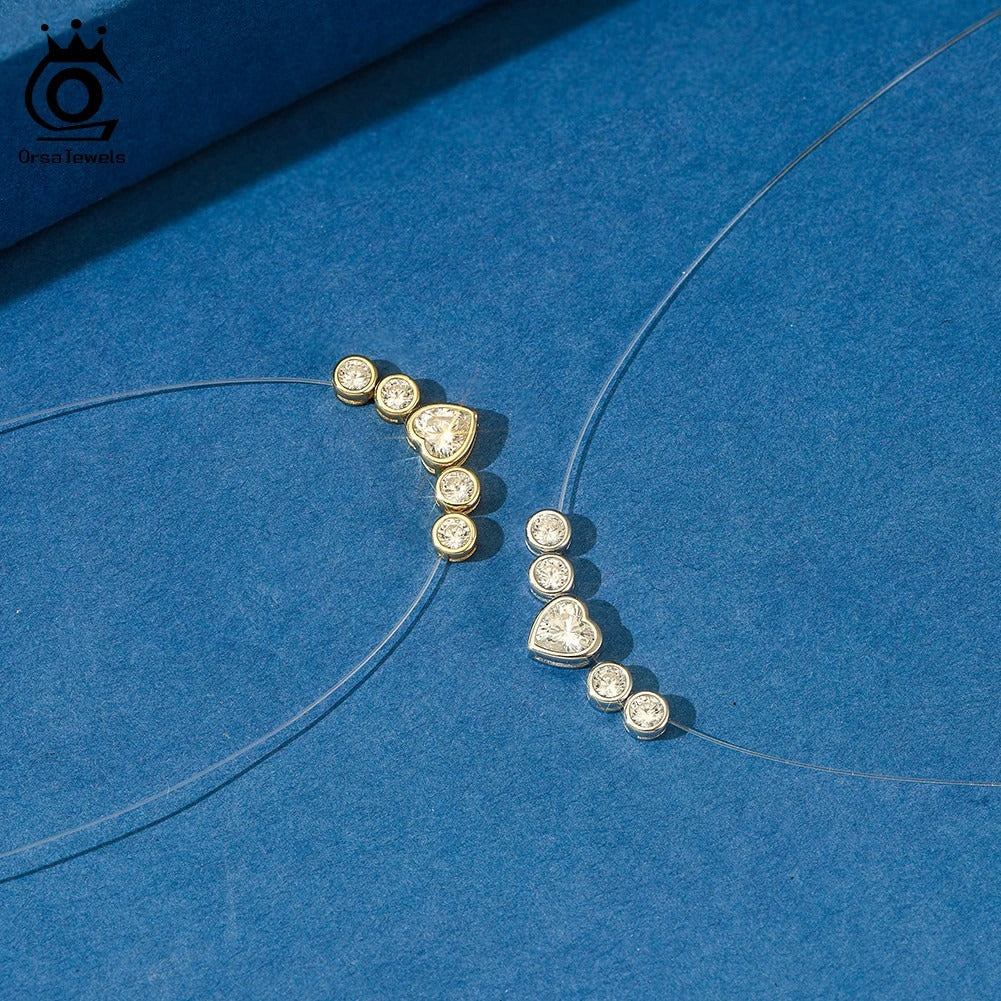 LIORA JEWELS Luxury Bling 8A Heart Zircon Necklace 925 Silver Invisible Transparent Fishing Line Choker Necklaces Pendant LZN30