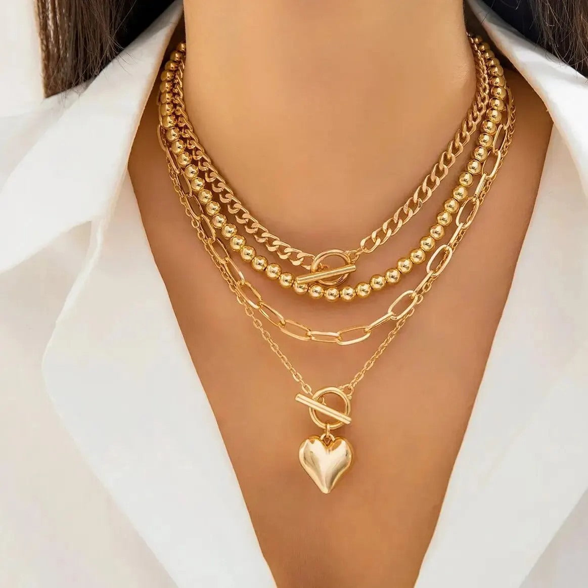 4Pcs/Set Punk Gold Color Heart Pendant Necklace Trendy OT Buckle Beaded Neck Chain