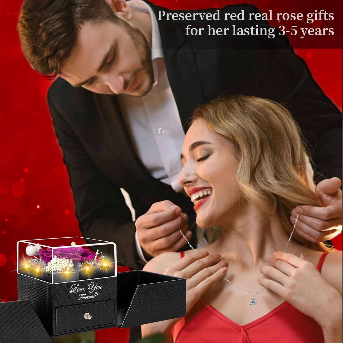 Preserved Red Real Rose with Heart I Love You Necklace