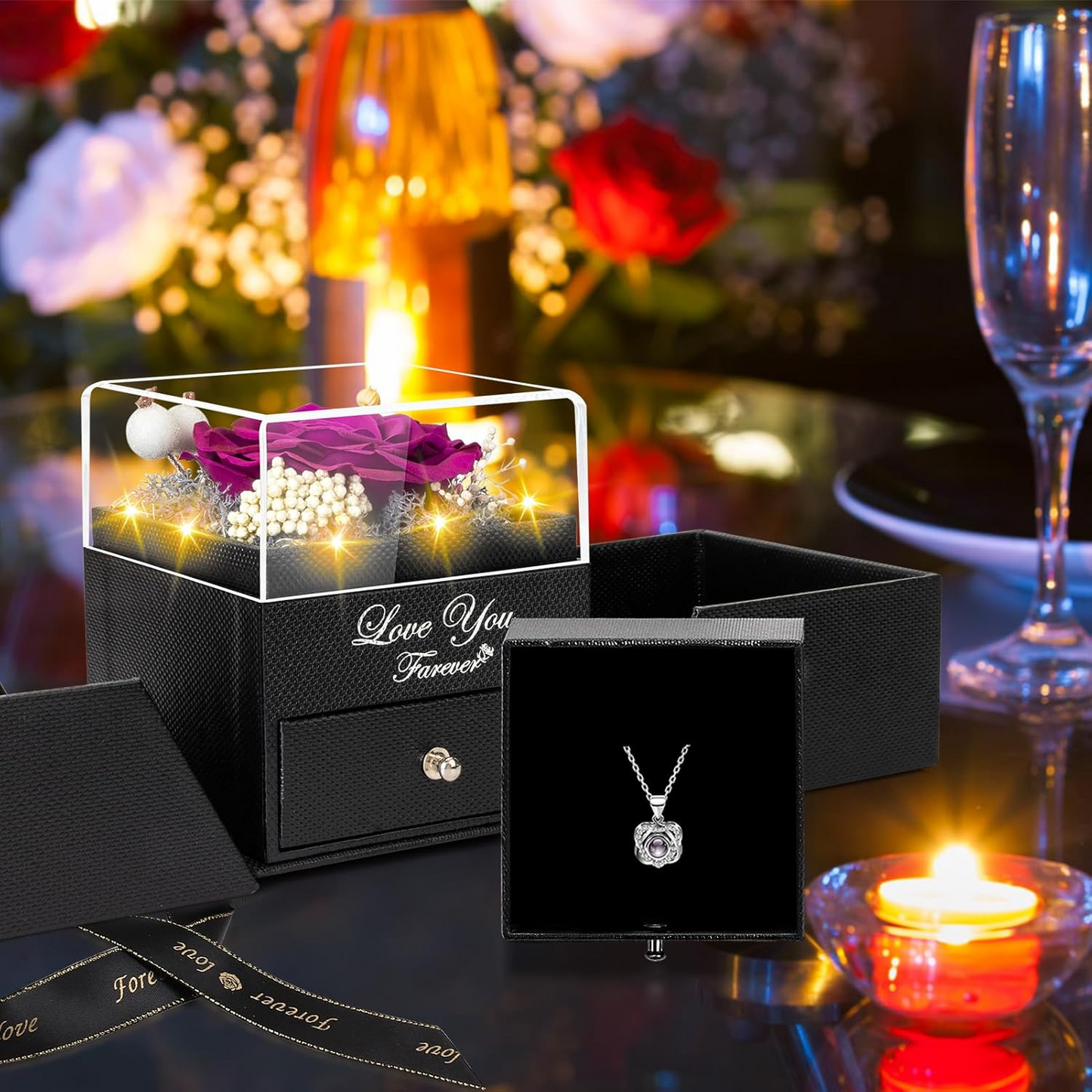 Preserved Red Real Rose with Heart I Love You Necklace