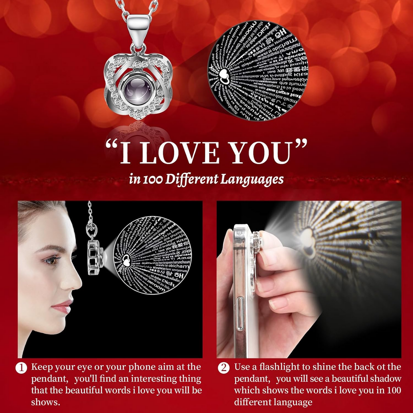 Preserved Red Real Rose with Heart I Love You Necklace