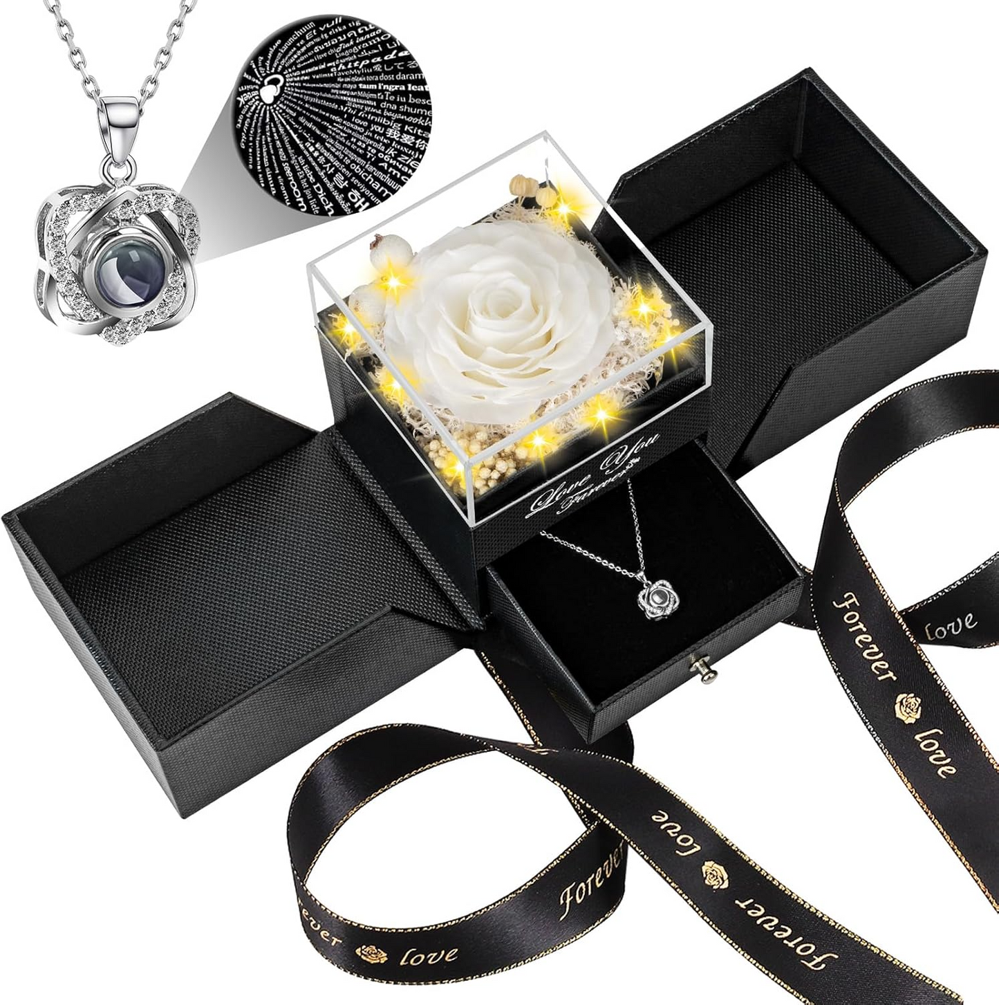 Preserved Red Real Rose with Heart I Love You Necklace