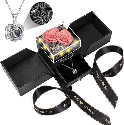 Preserved Red Real Rose with Heart I Love You Necklace