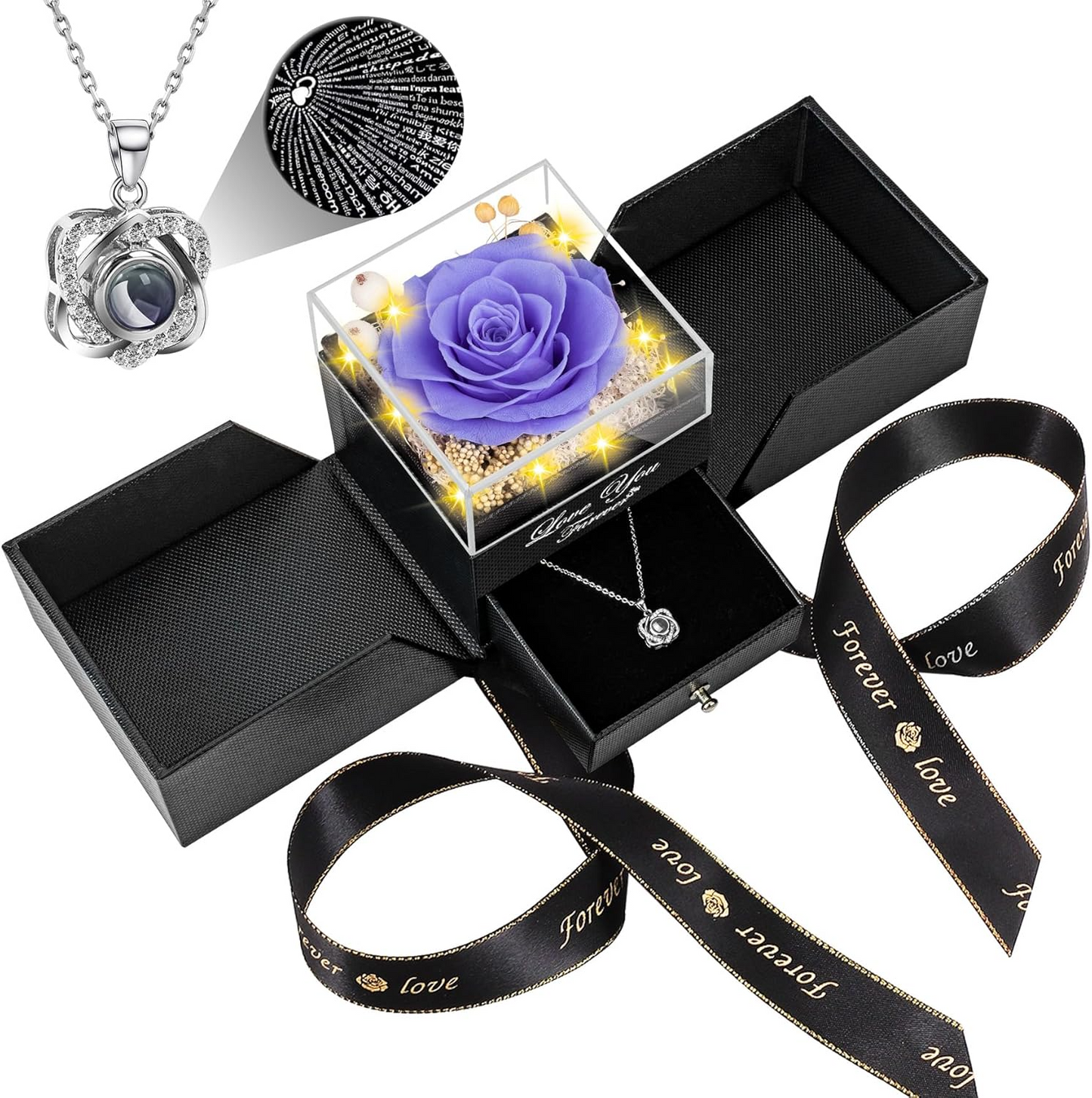 Preserved Red Real Rose with Heart I Love You Necklace