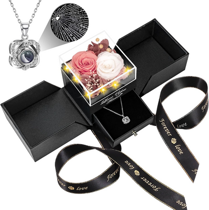 Preserved Red Real Rose with Heart I Love You Necklace