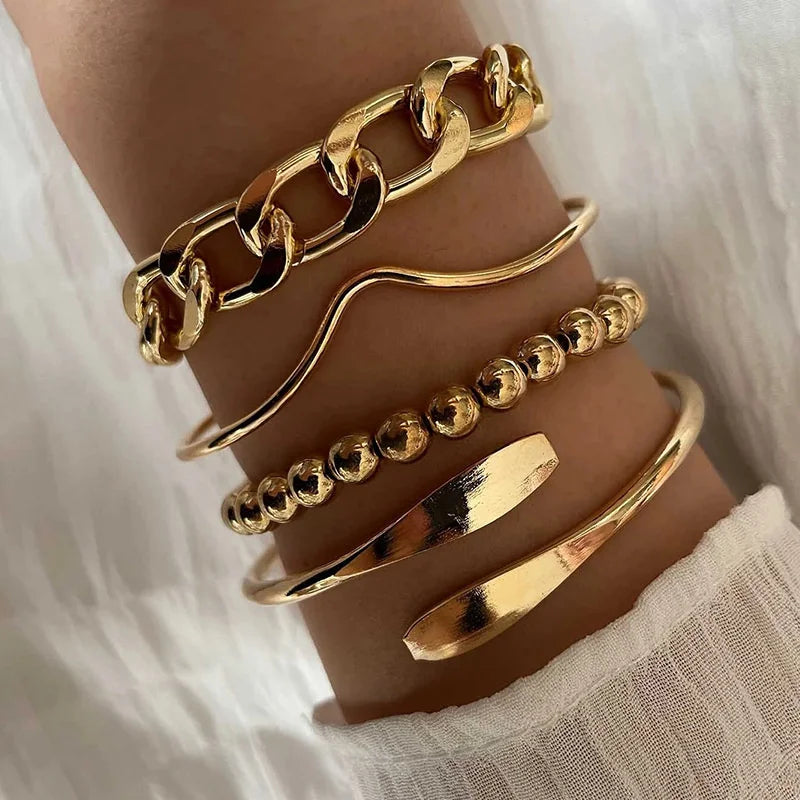 Punk Curb Cuban Chain Bracelets Set Simple Thick Gold Color Charm