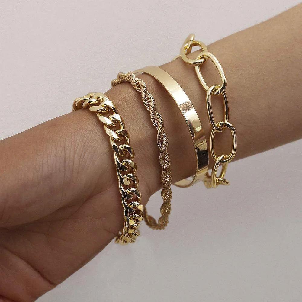 Punk Curb Cuban Chain Bracelets Set Simple Thick Gold Color Charm